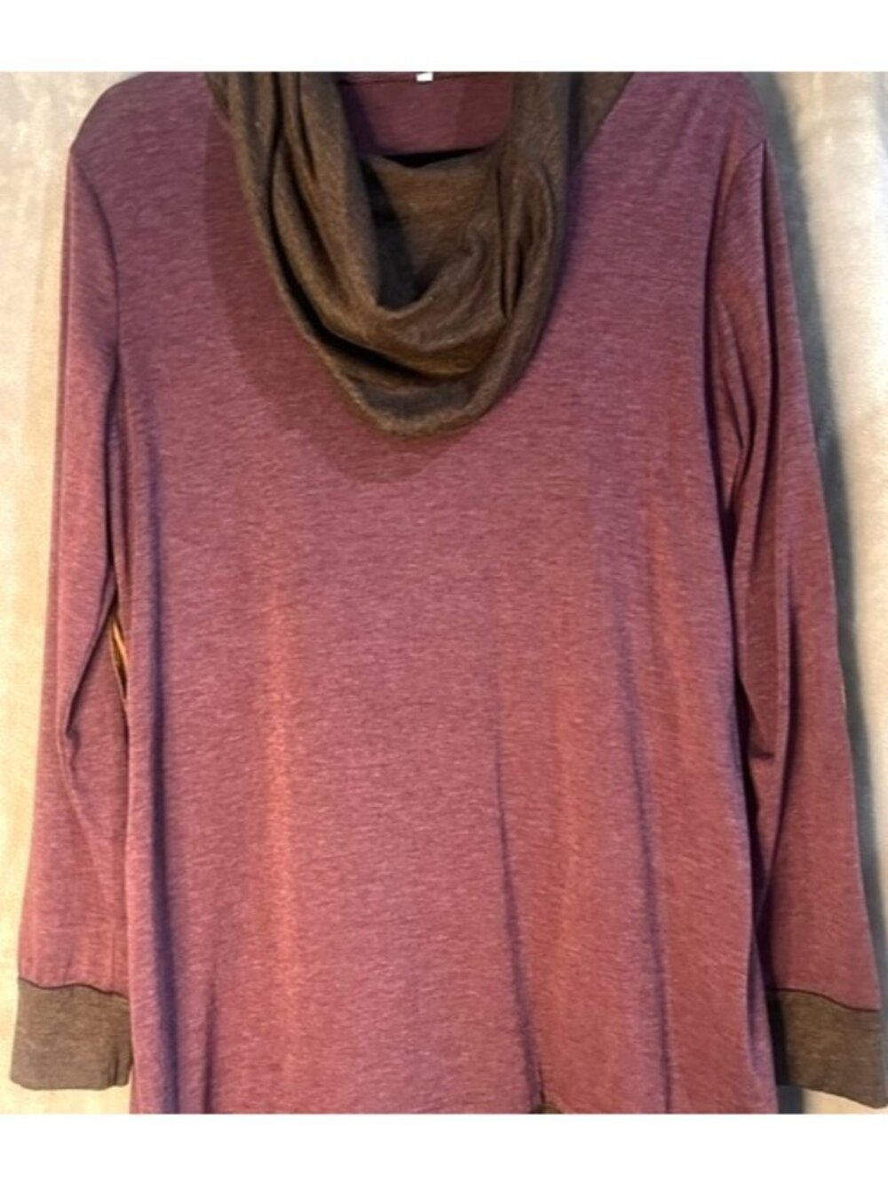 Women's Cowl Neck Scarf Pullover Blouse Turtleneck Burgundy Elbow Patches Tunic - Picture 9 of 16
